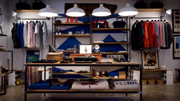 Intérieur d’une boutique de mode avec portants de vêtements et présentoirs métalliques