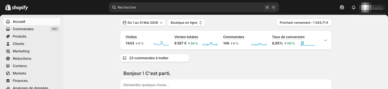 Tableau de bord Shopify — résultats d'une boutique accompagnée (anonymisé)