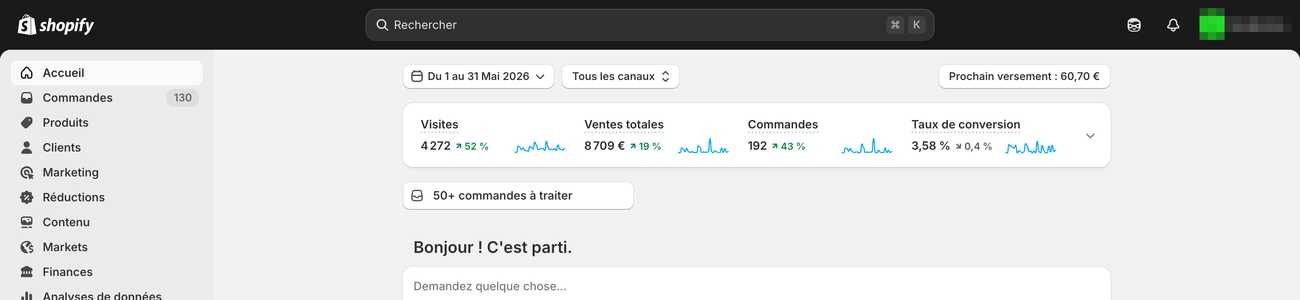 Tableau de bord Shopify — résultats d'une boutique accompagnée (anonymisé)