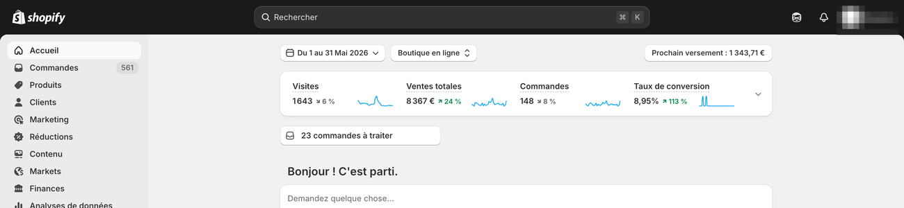 Tableau de bord Shopify — résultats d'une boutique accompagnée (anonymisé)